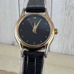 Gold and Black Enamel Dial Seiko Watch New Battery and Black Leather Strap